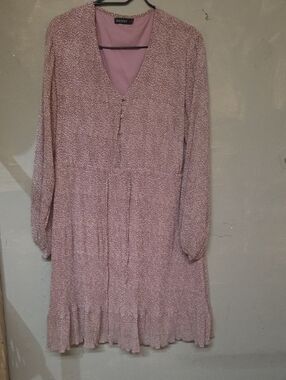 Mikarose Dusty Pink Long-Sleeve V-Neck Ruffle Hem Dress